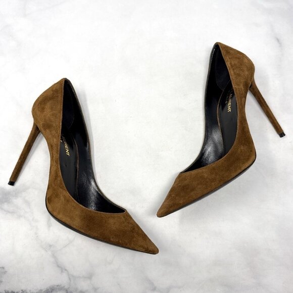 Saint Laurent Zoe 105 Suede Pointed Toe Stiletto Heel Pump Brown - Picture 4 of 13
